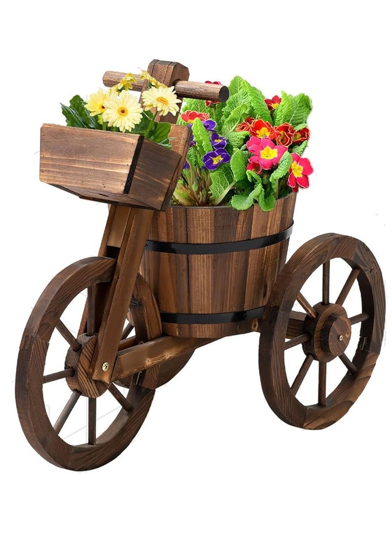 𝐅𝐅𝐃 Cycle Shaped Wooden Flowers Pot 66x32x58cm Wood Cart Garden Planter Pot With 3 Wheels Barrow Wagon Flower Barrel Outdoor Decoration for Patio Lawn Backyard Wooden Flower Vase Flowers Planter - Image 1