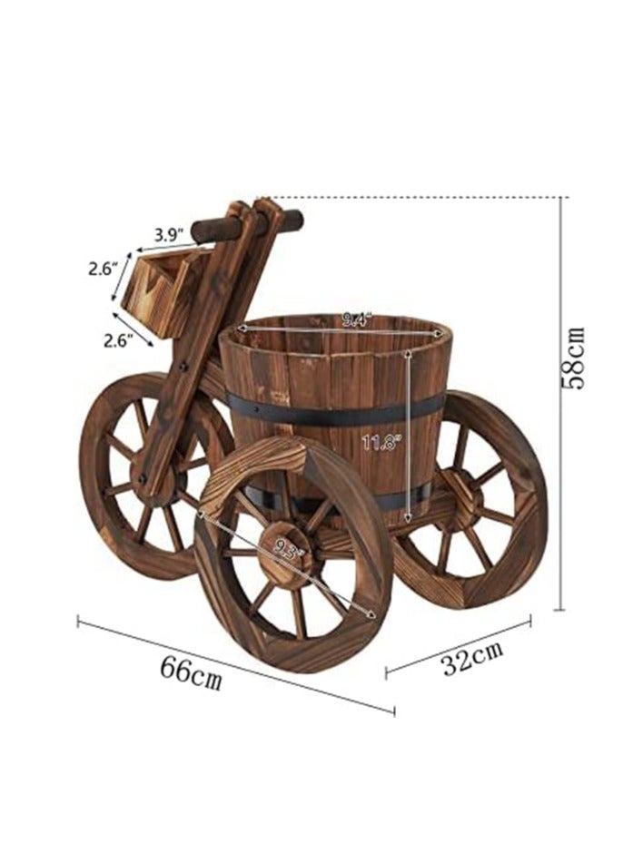 𝐅𝐅𝐃 Cycle Shaped Wooden Flowers Pot 66x32x58cm Wood Cart Garden Planter Pot With 3 Wheels Barrow Wagon Flower Barrel Outdoor Decoration for Patio Lawn Backyard Wooden Flower Vase Flowers Planter - Image 2