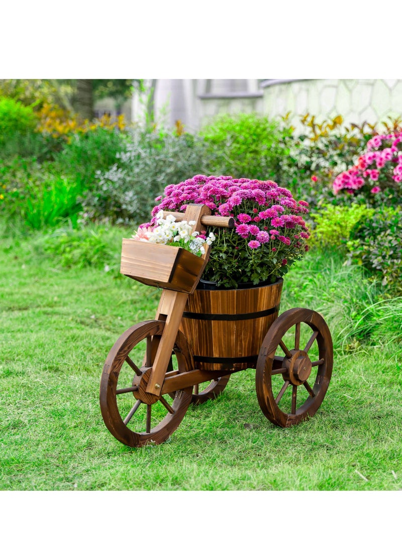 𝐅𝐅𝐃 Cycle Shaped Wooden Flowers Pot 66x32x58cm Wood Cart Garden Planter Pot With 3 Wheels Barrow Wagon Flower Barrel Outdoor Decoration for Patio Lawn Backyard Wooden Flower Vase Flowers Planter - Image 5