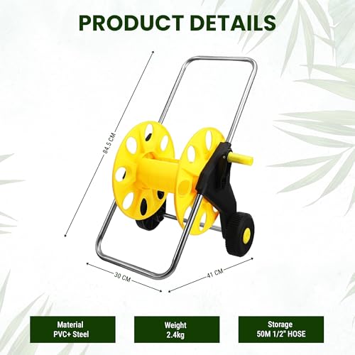 ROOTS & LEAF Garden Pipe Holder with Wheels | Hose Reel Stand with Retractable Handle | Water Pipe Holder for 50M 1/2" Hose | Easy-Carry Handle & Smooth-Rolling Wheels - Image 4