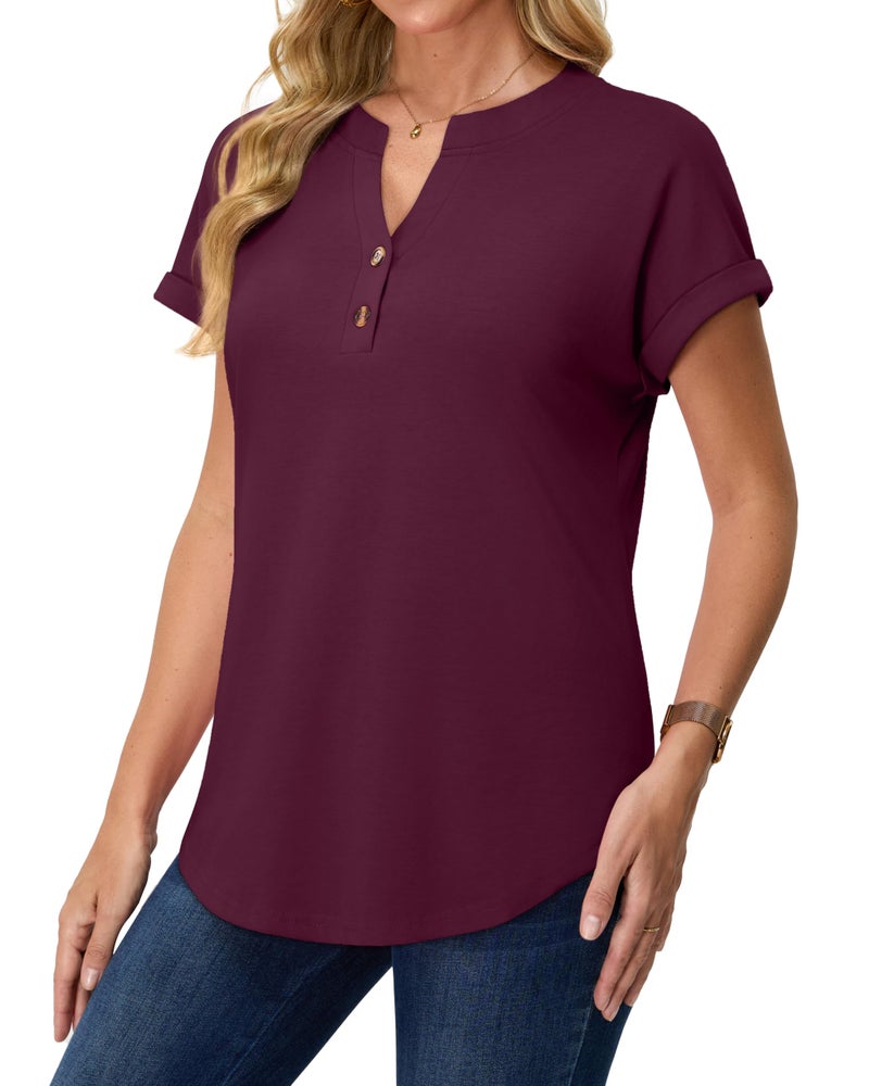 rosemia Womens Short Sleeve Shirts V Neck Dressy Casual Blouses Summer Loose Fitting Henley Tops, Wine Red, L - Image 4