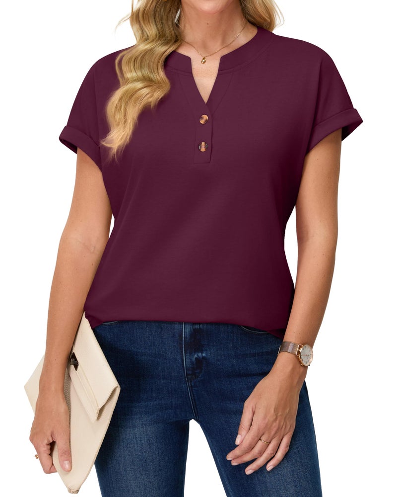rosemia Womens Short Sleeve Shirts V Neck Dressy Casual Blouses Summer Loose Fitting Henley Tops, Wine Red, L - Image 3