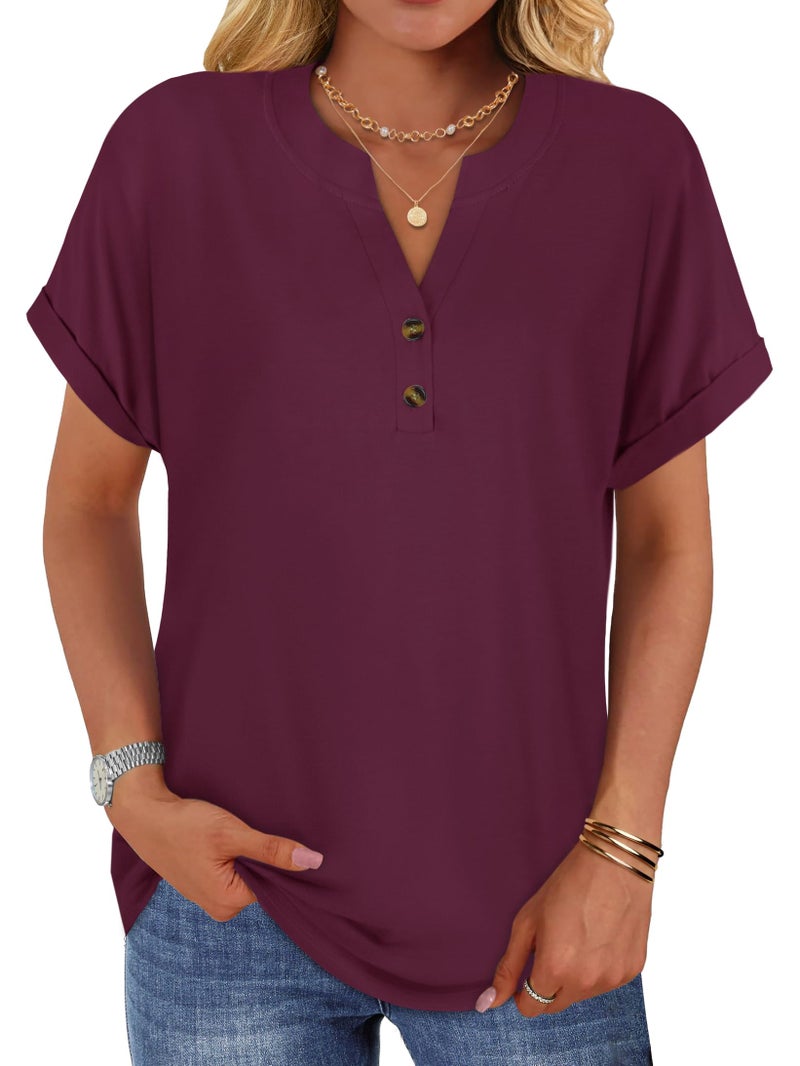 rosemia Womens Short Sleeve Shirts V Neck Dressy Casual Blouses Summer Loose Fitting Henley Tops, Wine Red, L - Image 1