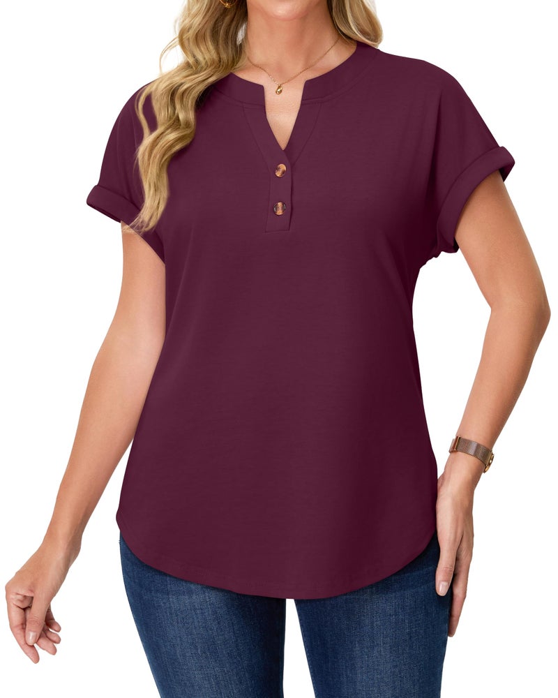 rosemia Womens Short Sleeve Shirts V Neck Dressy Casual Blouses Summer Loose Fitting Henley Tops, Wine Red, L - Image 2