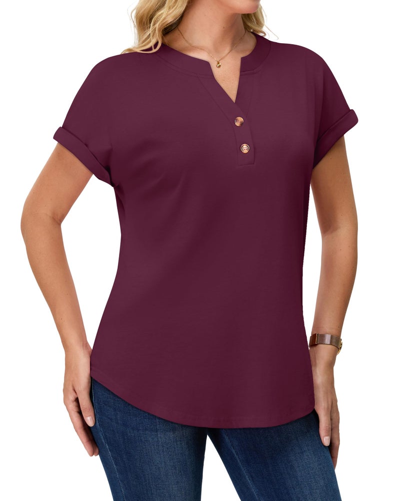 rosemia Womens Short Sleeve Shirts V Neck Dressy Casual Blouses Summer Loose Fitting Henley Tops, Wine Red, L - Image 5