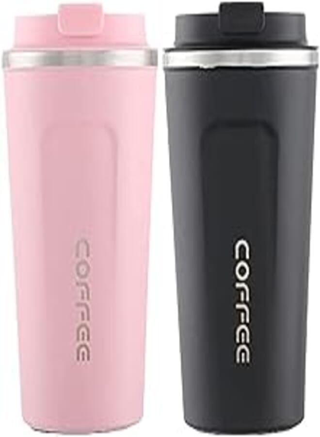 Ahoor stainless steel thermal mug, 18 ounce -2Pcs (pink and silver- pink and silver)