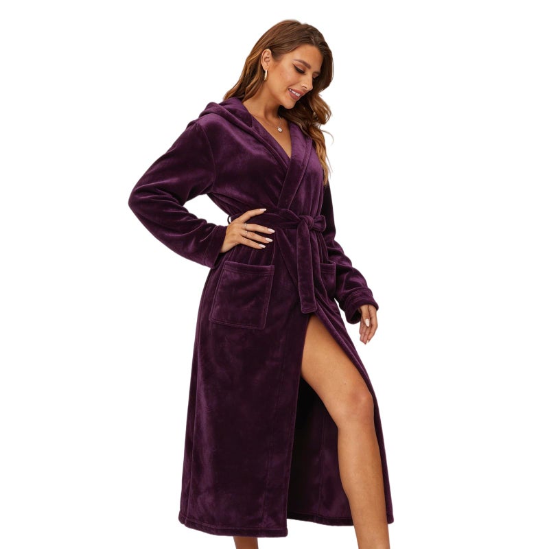 RONGTAI Womens Robes Plush Fleece Dark Purple Hooded Bathrobe Thick Nightgown with Pockets Fluffy Sleepwear X-Large - Image 2