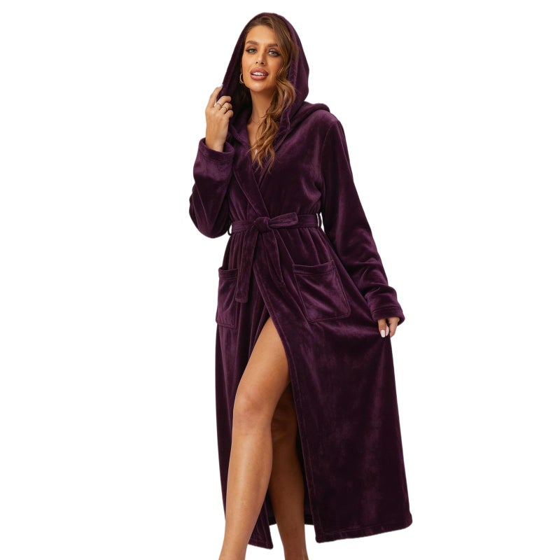 RONGTAI Womens Robes Plush Fleece Dark Purple Hooded Bathrobe Thick Nightgown with Pockets Fluffy Sleepwear X-Large - Image 1