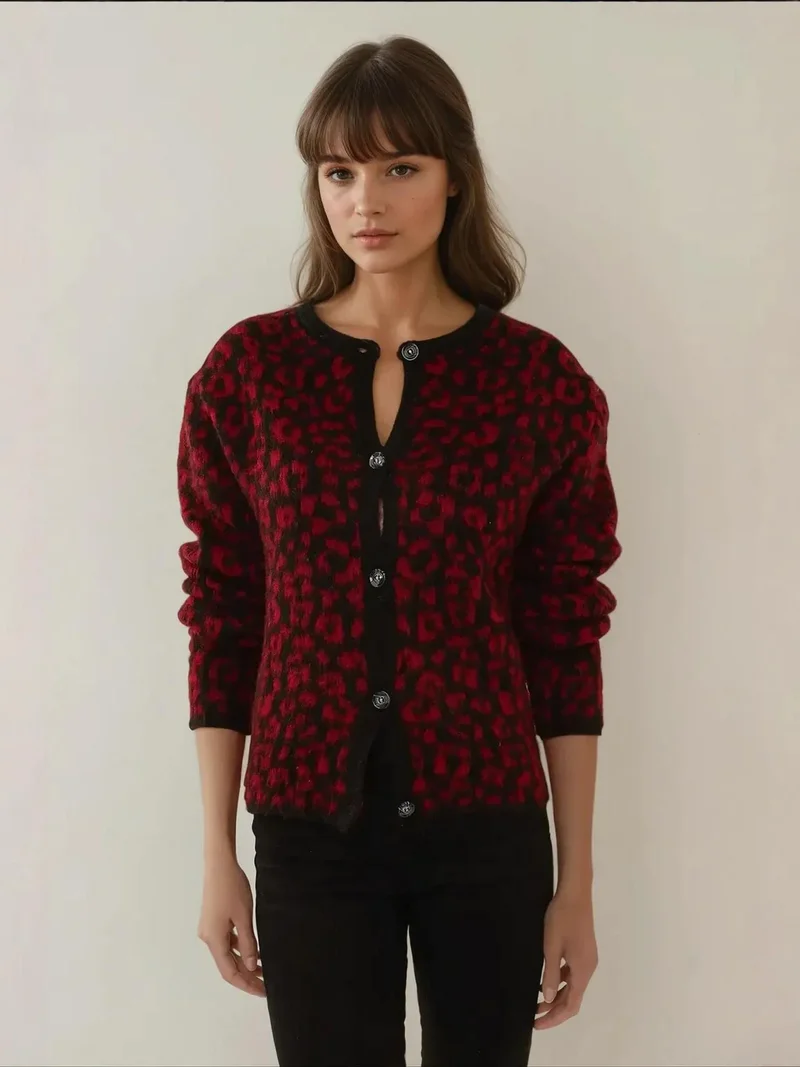 HICCUP Relaxed Fit Leopard Print Knitted Cardigan