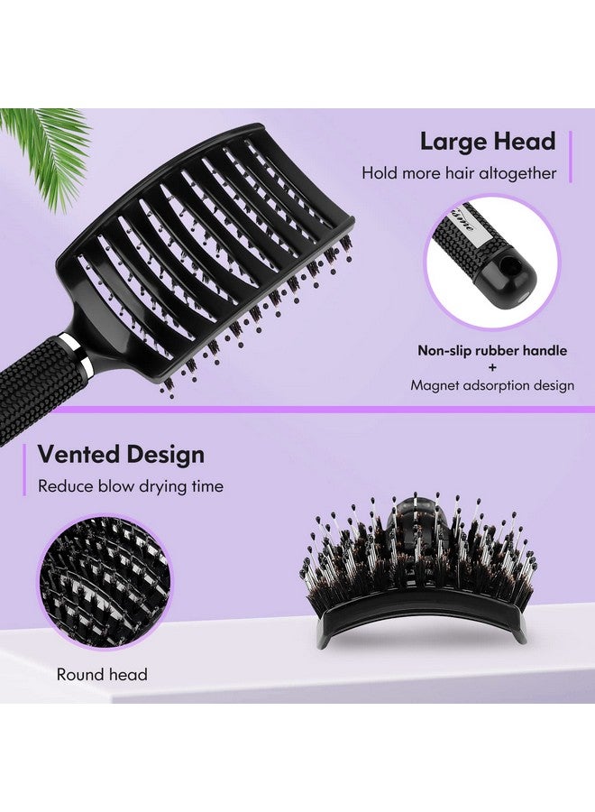 Bsisme Hair Brush Boar Bristle Hair Brush Faster Blow Drying Professional Curved Vent Styling Hair Brushes For Women Men Kids Paddle Detangler Brush For Wet Dry Curly Thick Thin Hair (Black) - Image 2