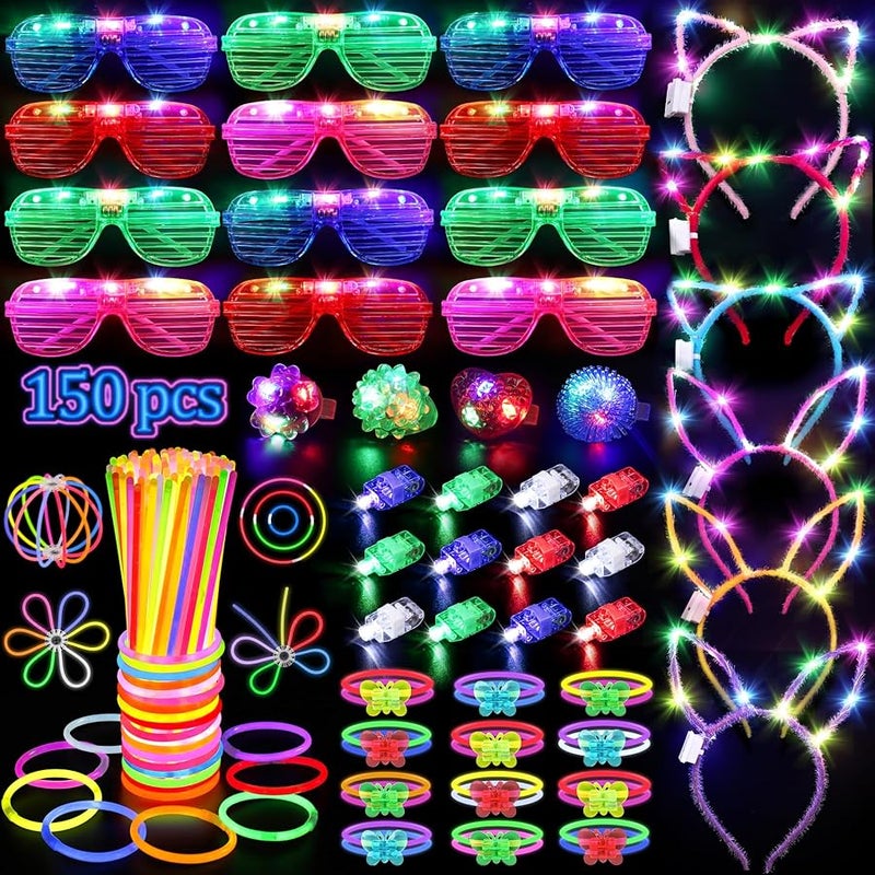 TSDATOWR 150PCS Glow in the Dark Party Supplies for Kids Adults, Light Up Party Favors with Light Up Glasses, Headband, Rings, 100 Glow Sticks Bulk Party Pack DIY Glow Necklaces Bracelets, Neon Party Supplies - Image 1