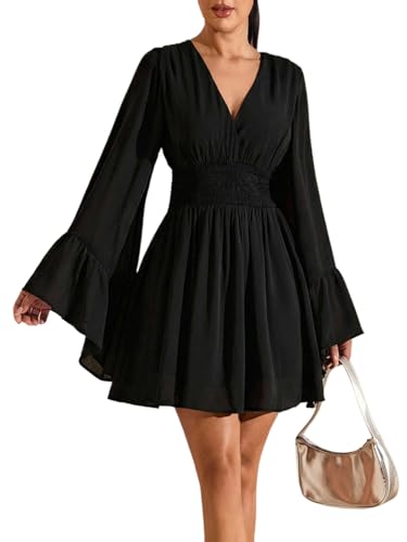 BEAUDRM Women's Plus Size Boho Western Dress Bell Sleeve Cowgirl Hippie Mini Dress Mesh A Line Casual Flowy Dresses Black X-Large Plus - Image 1