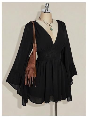 BEAUDRM Women's Plus Size Boho Western Dress Bell Sleeve Cowgirl Hippie Mini Dress Mesh A Line Casual Flowy Dresses Black X-Large Plus - Image 2
