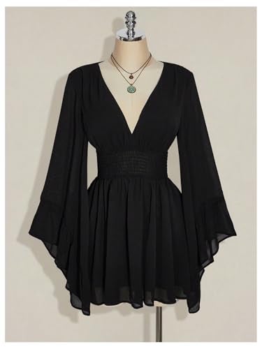 BEAUDRM Women's Plus Size Boho Western Dress Bell Sleeve Cowgirl Hippie Mini Dress Mesh A Line Casual Flowy Dresses Black X-Large Plus - Image 3