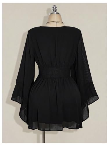 BEAUDRM Women's Plus Size Boho Western Dress Bell Sleeve Cowgirl Hippie Mini Dress Mesh A Line Casual Flowy Dresses Black X-Large Plus - Image 4