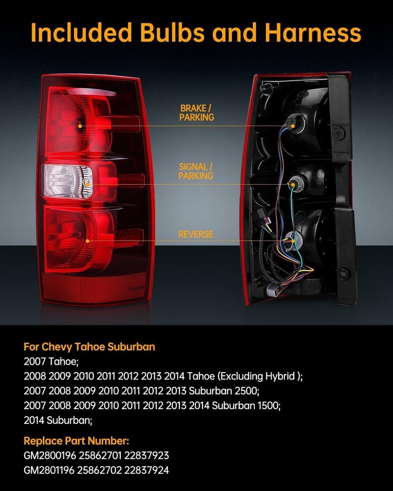OKLPF Rear Brake Tail Lights for 2007-2014 Chevy Suburban and Tahoe 1500 2500 - Red Assembly with Bulbs and Harness - Image 2
