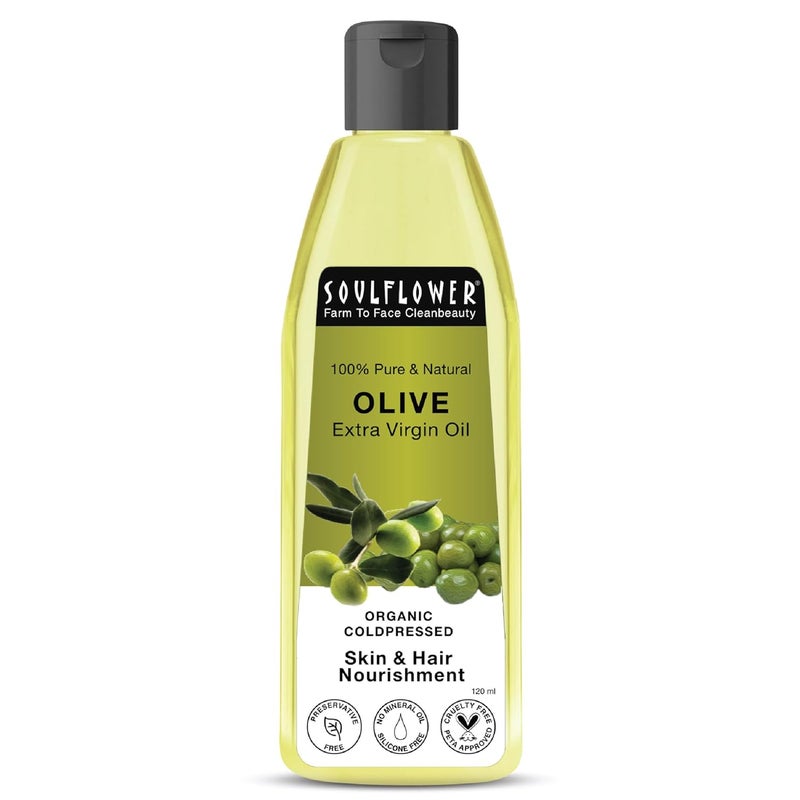 Soulflower Soulflower Extra Virgin Olive Oil For Hair Skin ColdPressed for Hair Growth Anti Hair Fall Damaged Hair Repair Fine Lines Wrinkles Makeup Primer Lip Heel Moisturizer 100 Pure Natural for Men Women 120ml - Image 1