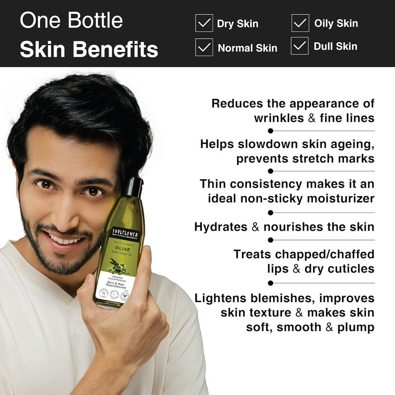 Soulflower Soulflower Extra Virgin Olive Oil For Hair Skin ColdPressed for Hair Growth Anti Hair Fall Damaged Hair Repair Fine Lines Wrinkles Makeup Primer Lip Heel Moisturizer 100 Pure Natural for Men Women 120ml - Image 3