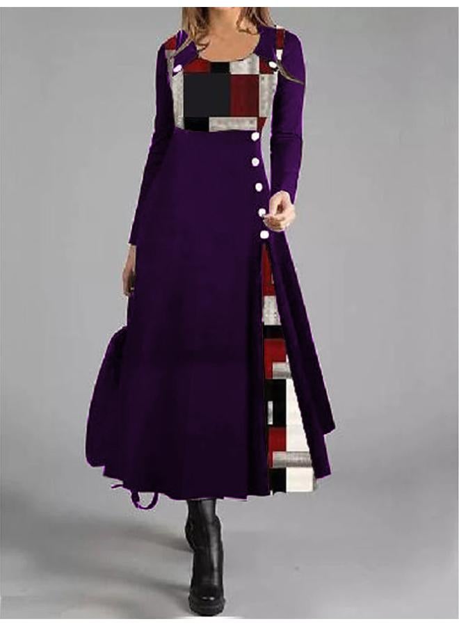 European And American Women's Clothing New Support Various Platforms Color Matching Button Round Neck Long Sleeve Large Swing Dress