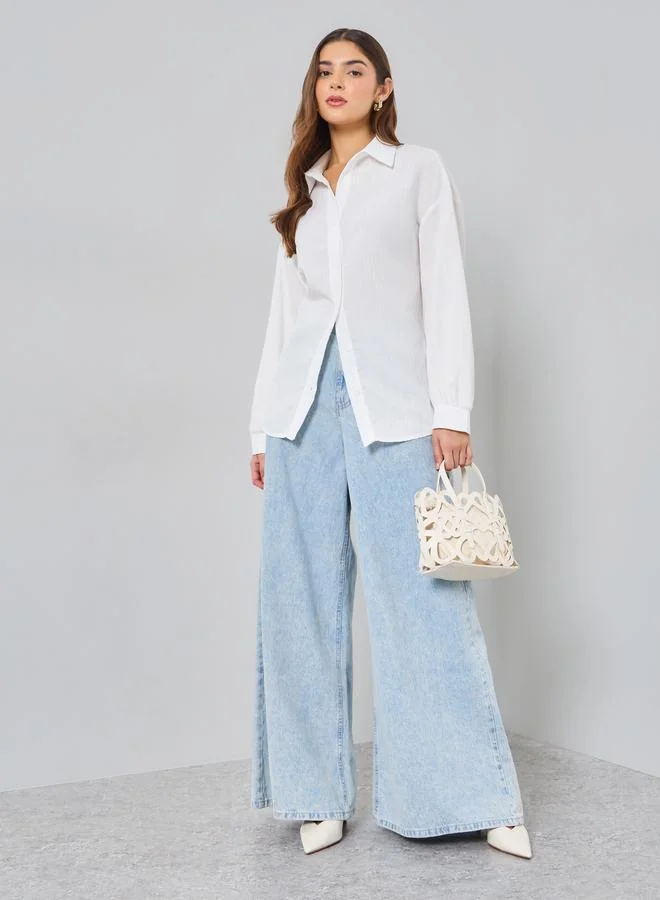 تايك تو بلوزة بارزة الملمس بأكمام طويلة