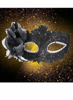 KASTWAVE Couples Mardi Gras Venetian Masquerade Masks Set, Side flower Mask and Painted Pattern Half Face Dress Up Mask, Party Costume Accessory (Black)  - Image 4