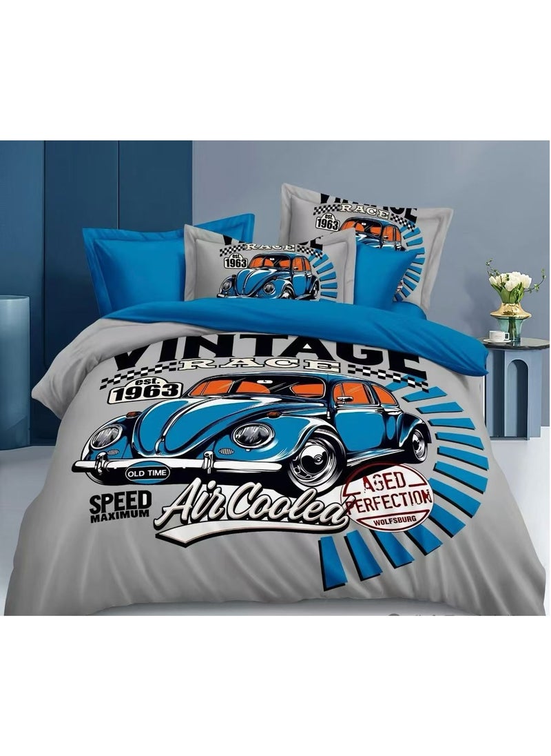 llwoo Vintage Car Theme Bed Sheet Set with Fitted Sheet, Duvet Cover & 2 Pillowcases – Classic Blue Beetle Design, Soft, Durable & Stylish Bedding for Kids 