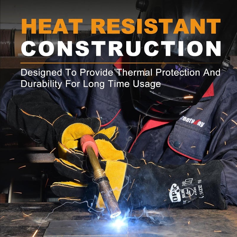 TOPDC 16 Inches, 932?, Top Cowhide Mig/Stick Welding Gloves Heat Resistant, Fireproof Gloves, for Forge, Fireplace, Welder, Animal Handling, Large, Black-Yellow - Image 2