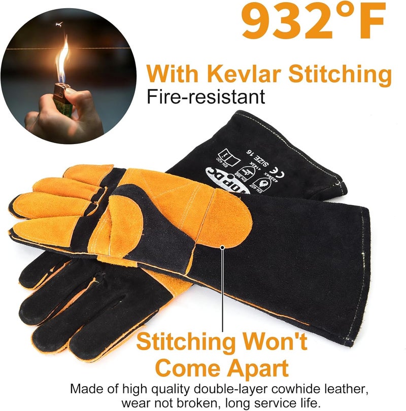 TOPDC 16 Inches, 932?, Top Cowhide Mig/Stick Welding Gloves Heat Resistant, Fireproof Gloves, for Forge, Fireplace, Welder, Animal Handling, Large, Black-Yellow - Image 5