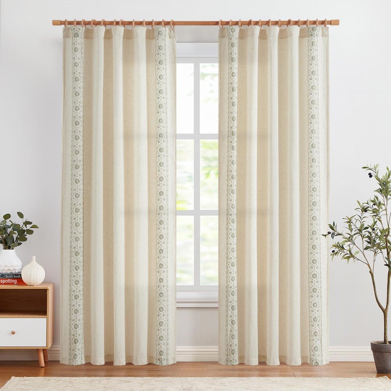 jinchan Weslie Boho Curtains for Bedroom Sage Green Vintage Floral Farmhouse Curtains 90 Inches Linen Drapes for Living Room Embroidered Light Filtering Drapes Rod Pocket Sage on Beige 2 Panels - Image 3