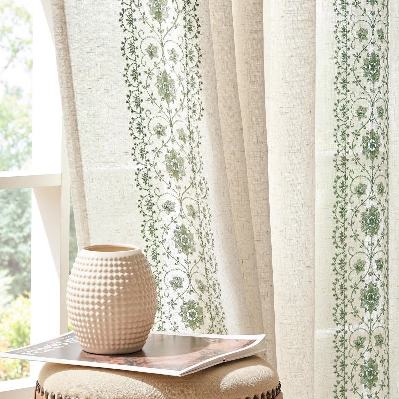 jinchan Weslie Boho Curtains for Bedroom Sage Green Vintage Floral Farmhouse Curtains 90 Inches Linen Drapes for Living Room Embroidered Light Filtering Drapes Rod Pocket Sage on Beige 2 Panels - Image 1