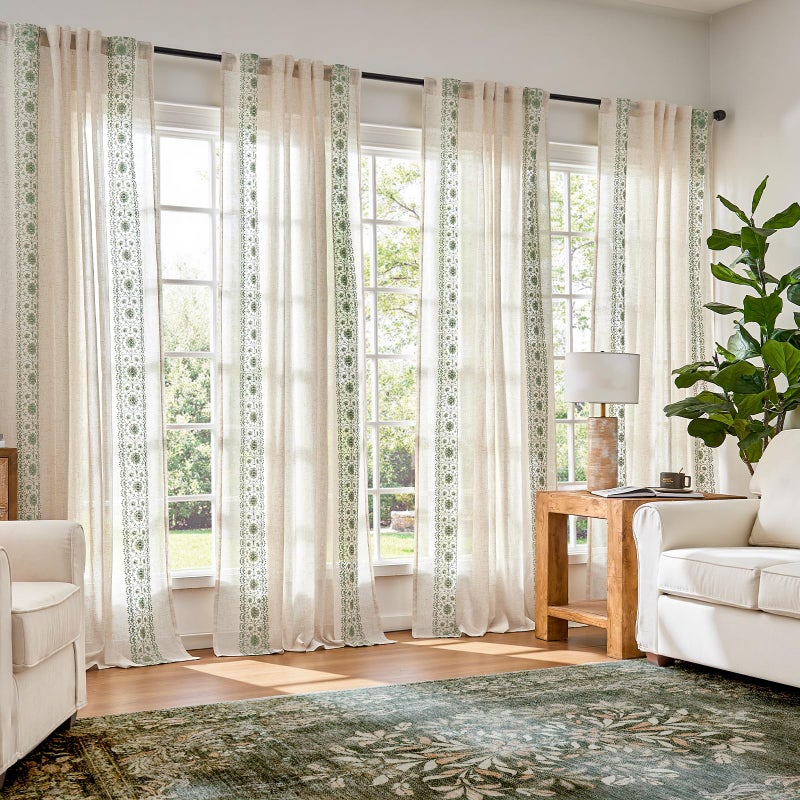 jinchan Weslie Boho Curtains for Bedroom Sage Green Vintage Floral Farmhouse Curtains 90 Inches Linen Drapes for Living Room Embroidered Light Filtering Drapes Rod Pocket Sage on Beige 2 Panels - Image 2