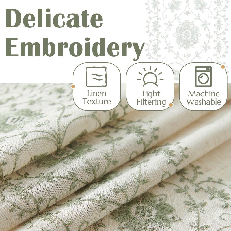 jinchan Weslie Boho Curtains for Bedroom Sage Green Vintage Floral Farmhouse Curtains 90 Inches Linen Drapes for Living Room Embroidered Light Filtering Drapes Rod Pocket Sage on Beige 2 Panels - Image 4