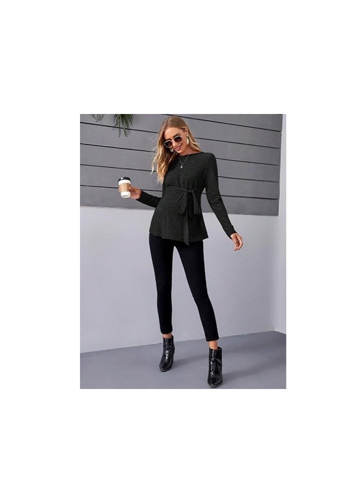 Women's Maternity Shirts Casual Long Sleeve Tie Front Ribbed Knit Pregnancy Tee Top - Image 2