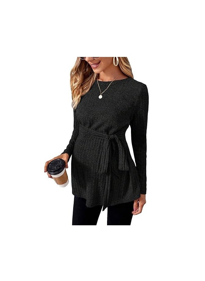 Women's Maternity Shirts Casual Long Sleeve Tie Front Ribbed Knit Pregnancy Tee Top - Image 1