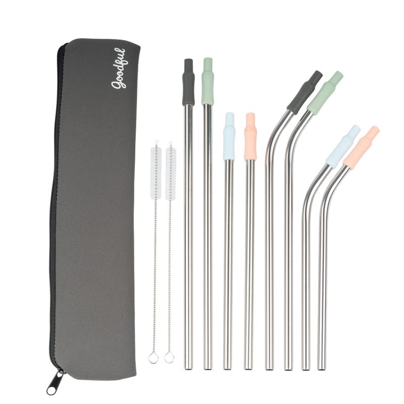 Goodful 8 Piece Variety Pack Reusable Travel Stainless Steel Straw Set Travel Case Cleaning Brushes Removeable Silicone Tips Multi Color