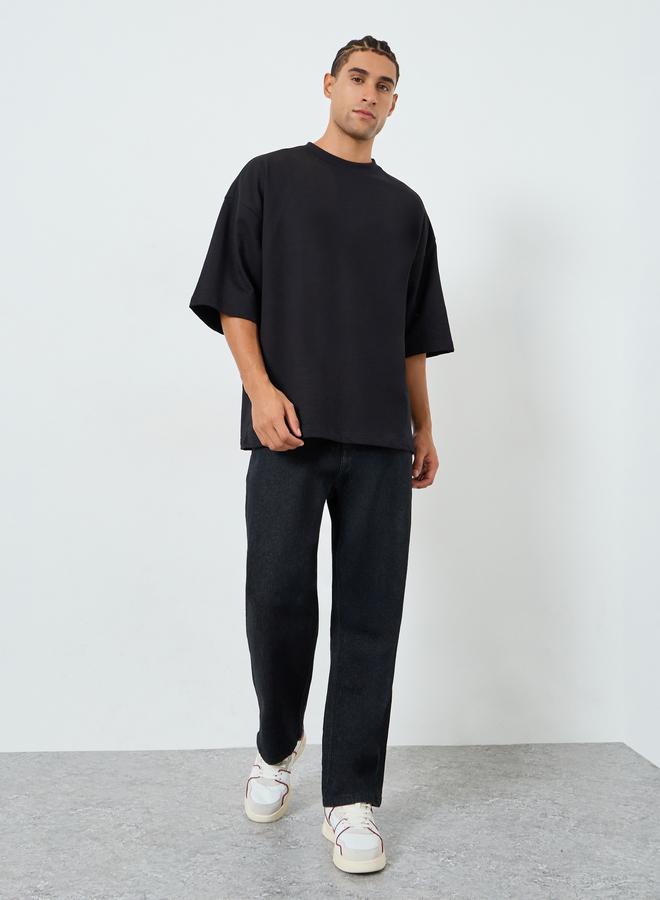 Styli Men Black Boxy Fit Embossed Print T-Shirt - Image 2
