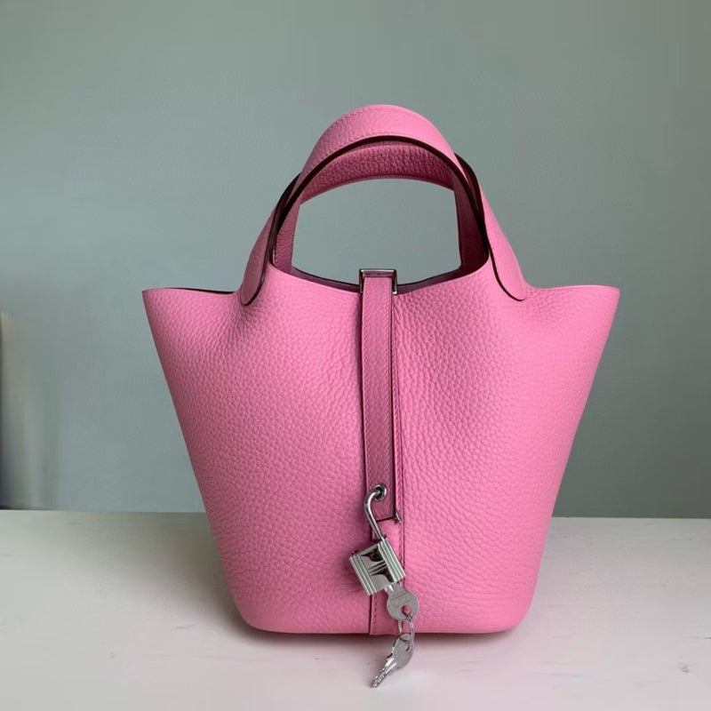18cm Wax Line Hand Sewed TC Top Layer Cowhide Vegetable Basket Bag Bucket Bag Genuine Leather Womens Bag Handbag Sakura powder 