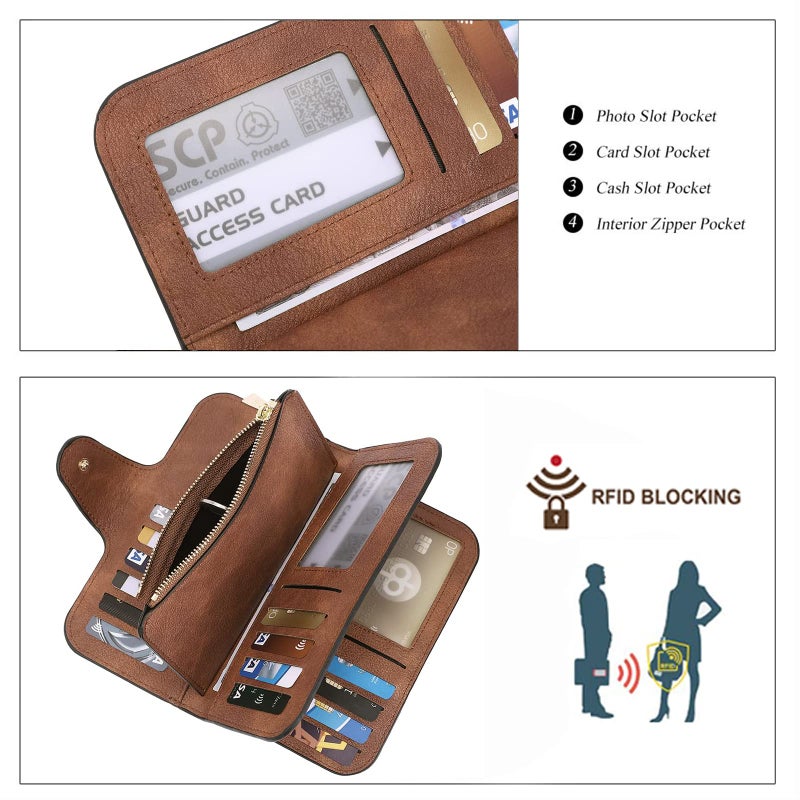 CLUCI Women Wallet Leather RFID Blocking Designer Trifold Card Holder Ladies Clutch with ID Window Brown - Image 4