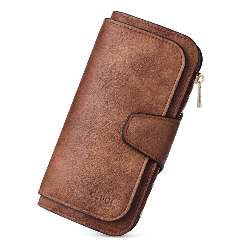 CLUCI Women Wallet Leather RFID Blocking Designer Trifold Card Holder Ladies Clutch with ID Window Brown - Image 1