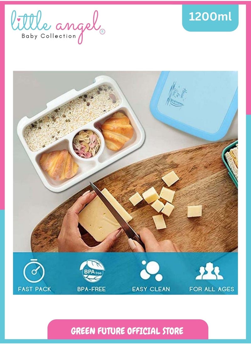 Little Angel - Kids Lunch Box - Leakproof Portable Bento Box with 4 Compartments, 1200 ML, Perfect for School - Blue - Image 1