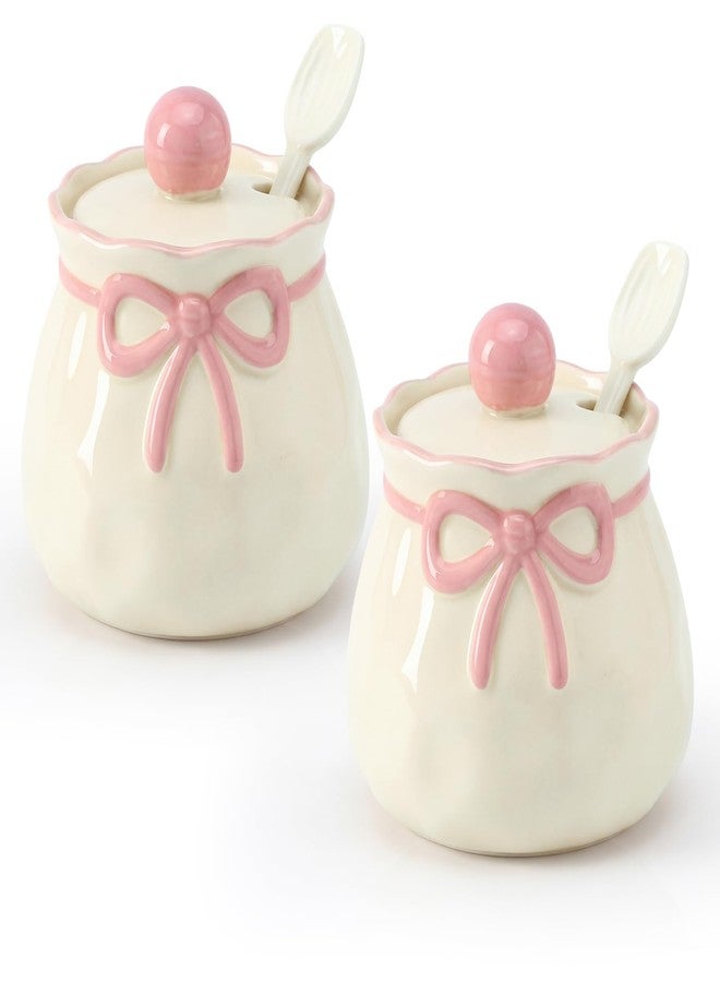 Ferrochef 2 Pcs Pink Bow Salt and Pepper Containers Cute Sugar Container with Lid Ceramic Salt and Pepper Cellars with Lids Spoons Pink Kitchen Gift for Women Coquette Decors for Spice Housewarming - Image 1