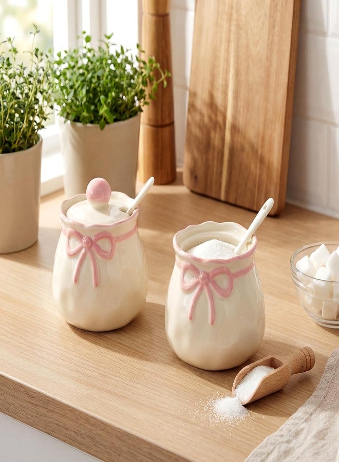 Ferrochef 2 Pcs Pink Bow Salt and Pepper Containers Cute Sugar Container with Lid Ceramic Salt and Pepper Cellars with Lids Spoons Pink Kitchen Gift for Women Coquette Decors for Spice Housewarming - Image 4