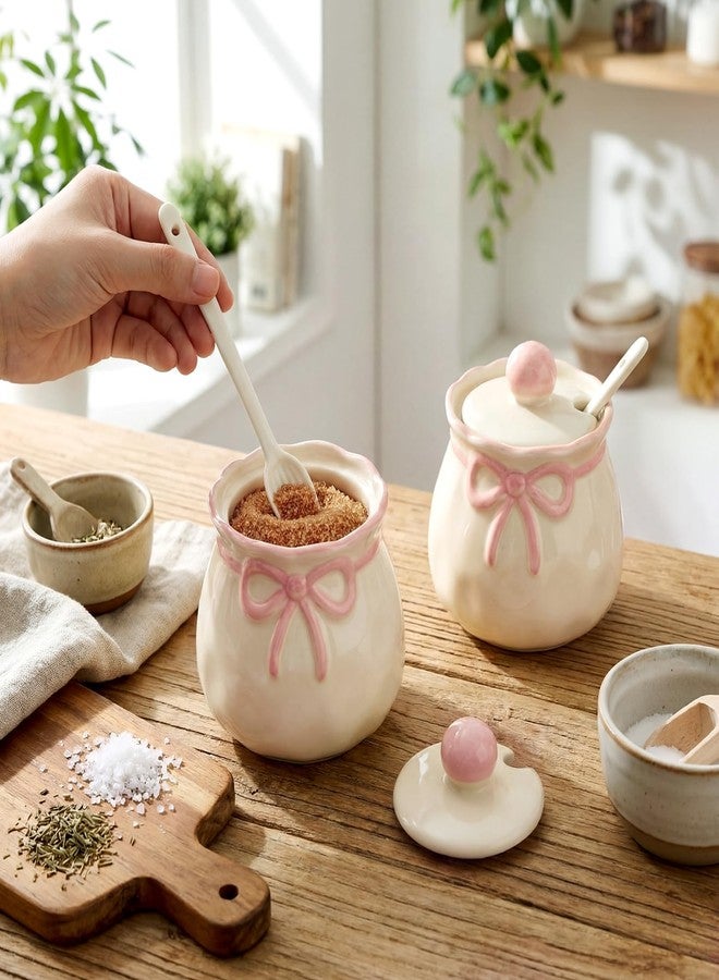 Ferrochef 2 Pcs Pink Bow Salt and Pepper Containers Cute Sugar Container with Lid Ceramic Salt and Pepper Cellars with Lids Spoons Pink Kitchen Gift for Women Coquette Decors for Spice Housewarming - Image 3