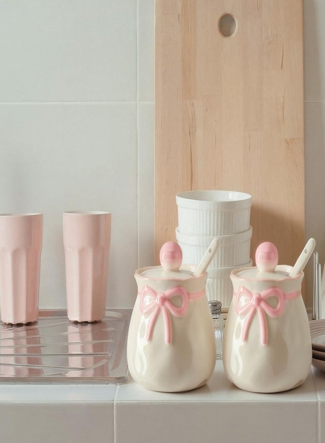 Ferrochef 2 Pcs Pink Bow Salt and Pepper Containers Cute Sugar Container with Lid Ceramic Salt and Pepper Cellars with Lids Spoons Pink Kitchen Gift for Women Coquette Decors for Spice Housewarming - Image 5