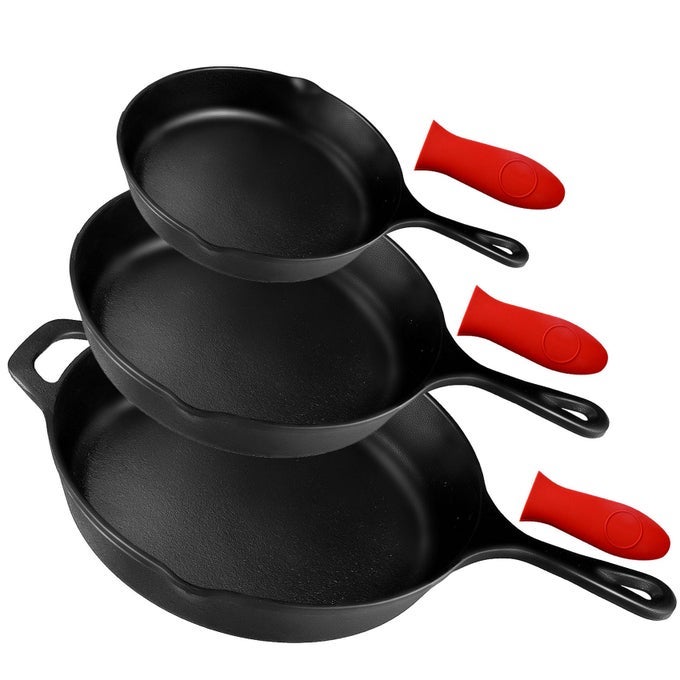 PRESEASONED CAST IRON SKILLET SET OF 3 6 8 10 CAST IRON FRYING PANS WITH 3 HEATRESISTANT HOLDERS INDOOR AND OUTDOOR USE OVEN GRILL STOVETOP INDUCTION SAFE COOKWARE