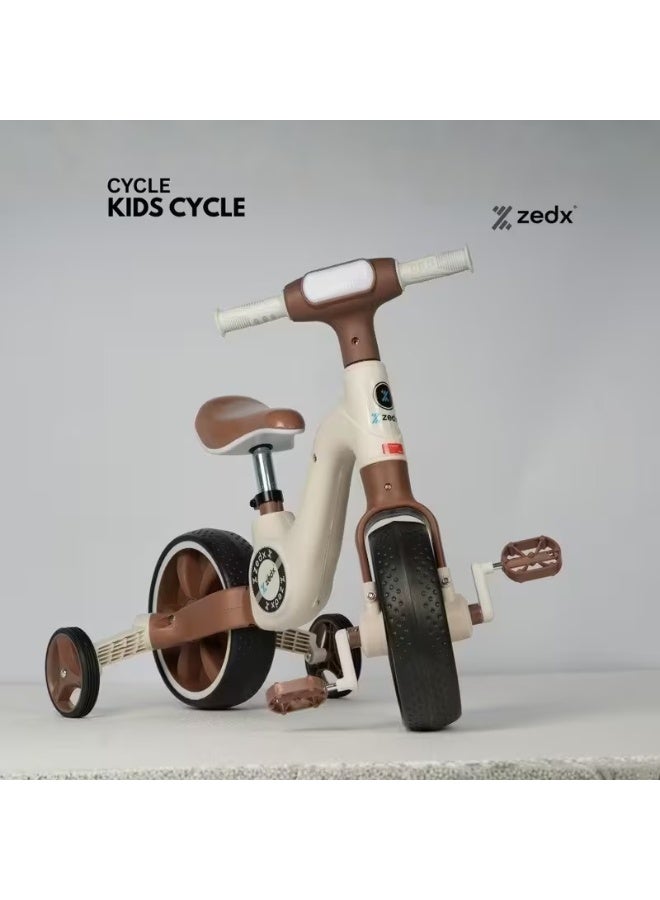 zedx 2-in-1 Kids Balance Cycle, Lightweight Toddler Tricycle & Bicycle for Ages 2-5 Years , Adjustable Seat, Removable Pedals & Training Wheels , Brown/Beige - Image 1