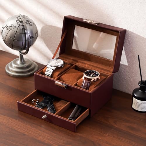 Procase صندوق ساعة الرجال من بروكيس - علبة عرض بـ 3 فتحات مع درج، غطاء زجاجي، تخزين مجوهرات وساعات بطبقتين - إسبريسو - Image 5