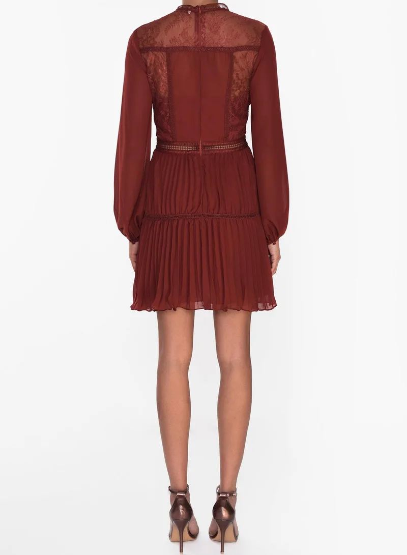 True Decadence Lena Burgundy Lace Pleated Mini Dress