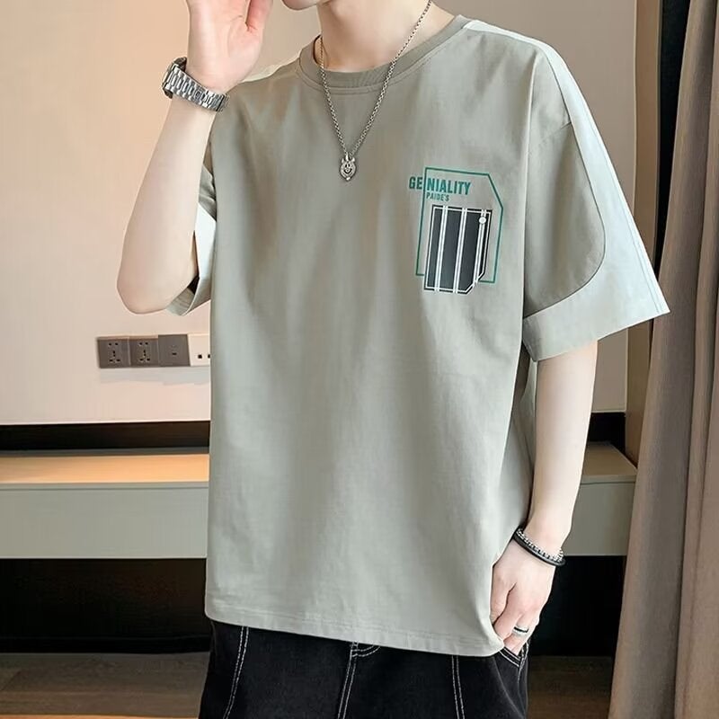 New Short-Sleeved T-Shirt Men'S Summer Korean-Style Trendy Simple Half-Sleeved Top Hong Kong-Style Loose Casual Trendy Brand T-Shirt - Image 2