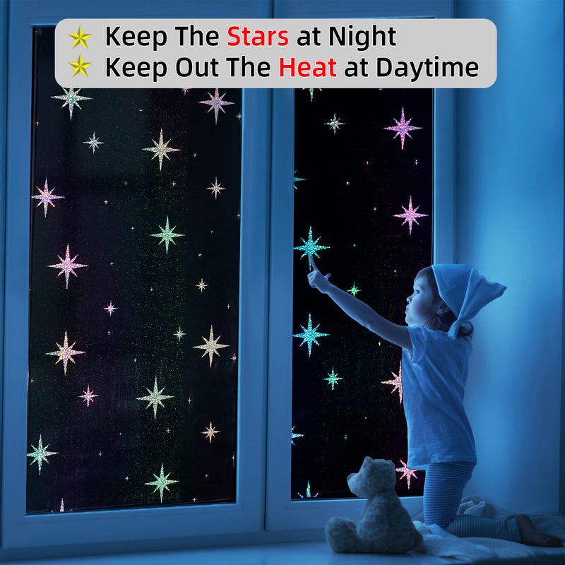 FuFin Total Blackout Window Film with Free Installation Tools, Explosion-Proof PET Material, 100% UV and Light Blocking, Rainbow Star Laser Room Darkening Window Film (Black Star 17.5" x 78.7") - Image 4